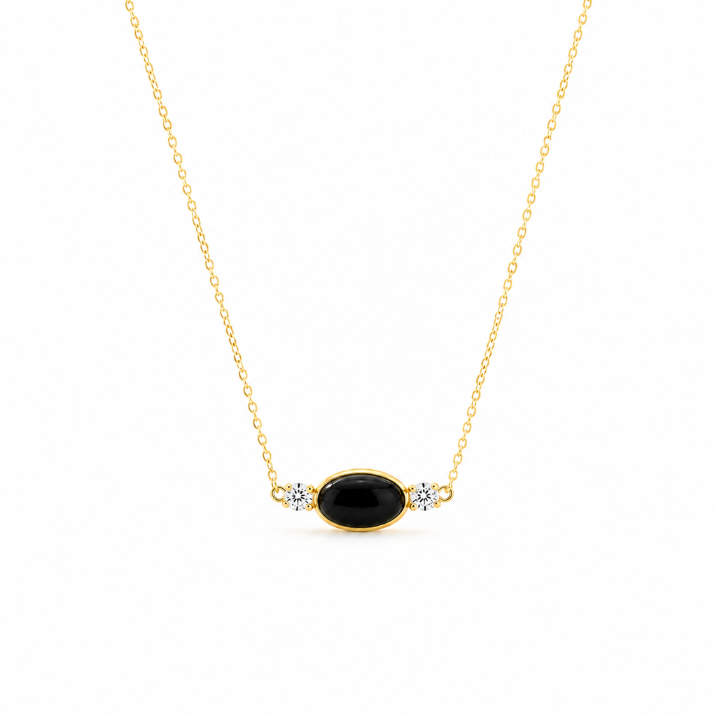 Collier Onyx Noir & Zircons Dorure Or 18k Argent 925