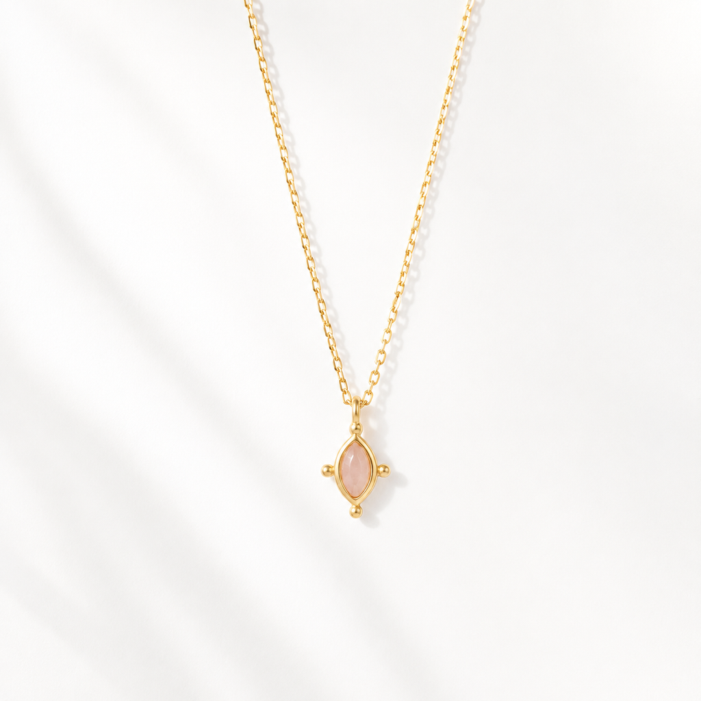 Collier Marquise Quartz Rose  Dorure Or 18k Argent 925