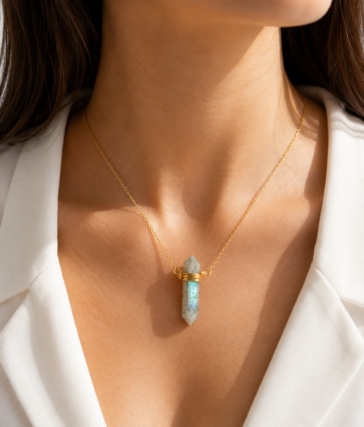 Collier Pointe Labradorite Brute Dorure Or 18k  Argent 925