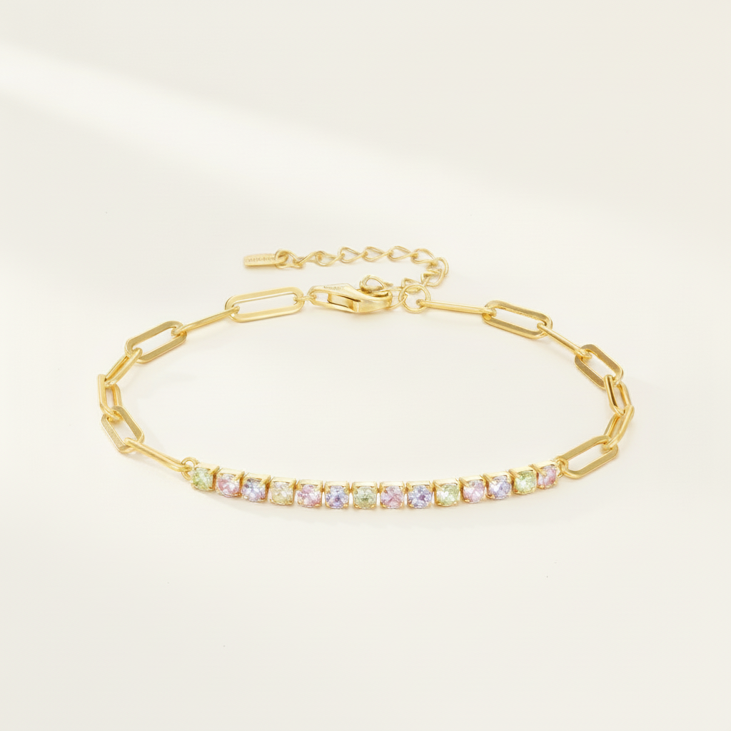 Bracelet  Maillon Tennis Zircone Multicolore Plaqué Or 18K Argent 925