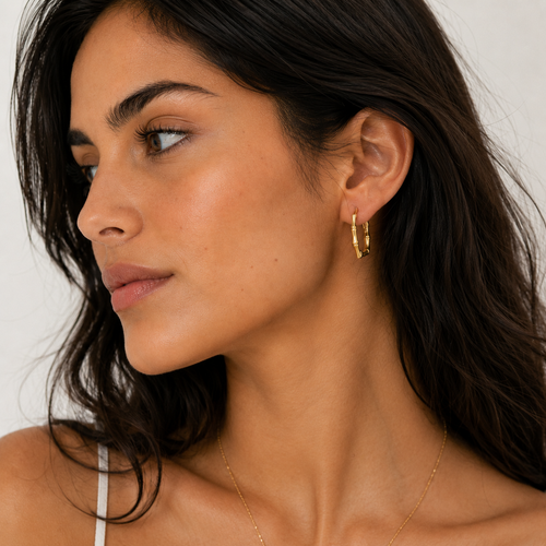 Boucles d'Oreilles Bambou Dorées  Argent 925 Plaqué Or 22 Carats