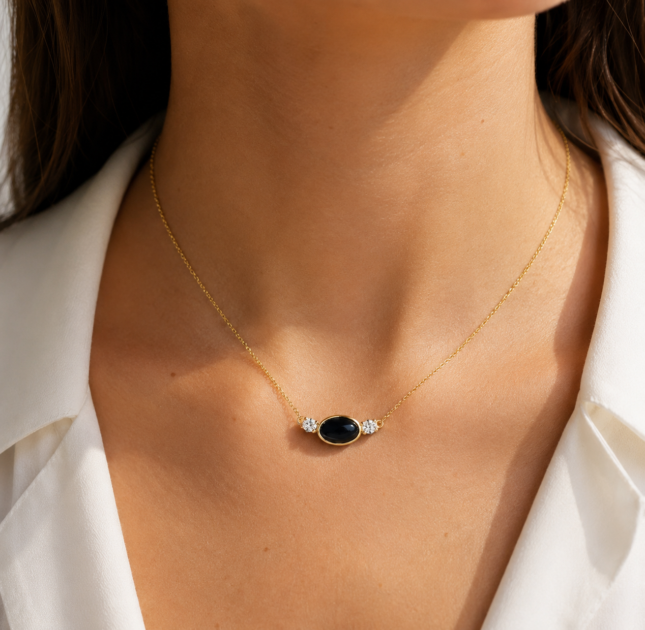 Collier Onyx Noir & Zircons Dorure Or 18k Argent 925