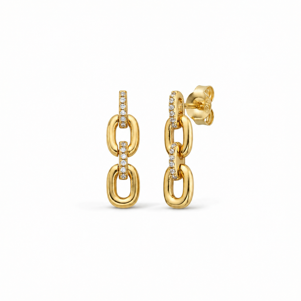 Boucles d'Oreilles Maillon  Zircone Blanche & Double Finition Or 18K Argent Rhodié