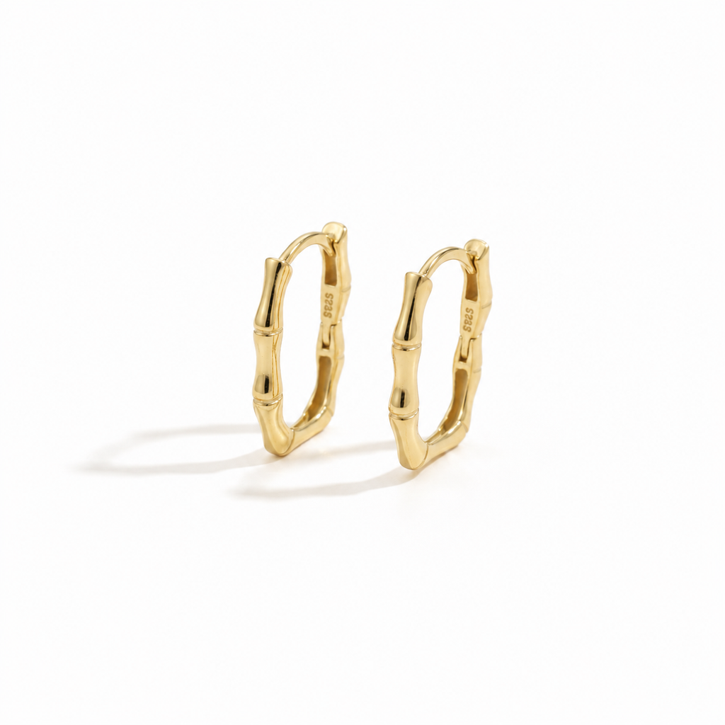 Boucles d'Oreilles Bambou Dorées  Argent 925 Plaqué Or 22 Carats