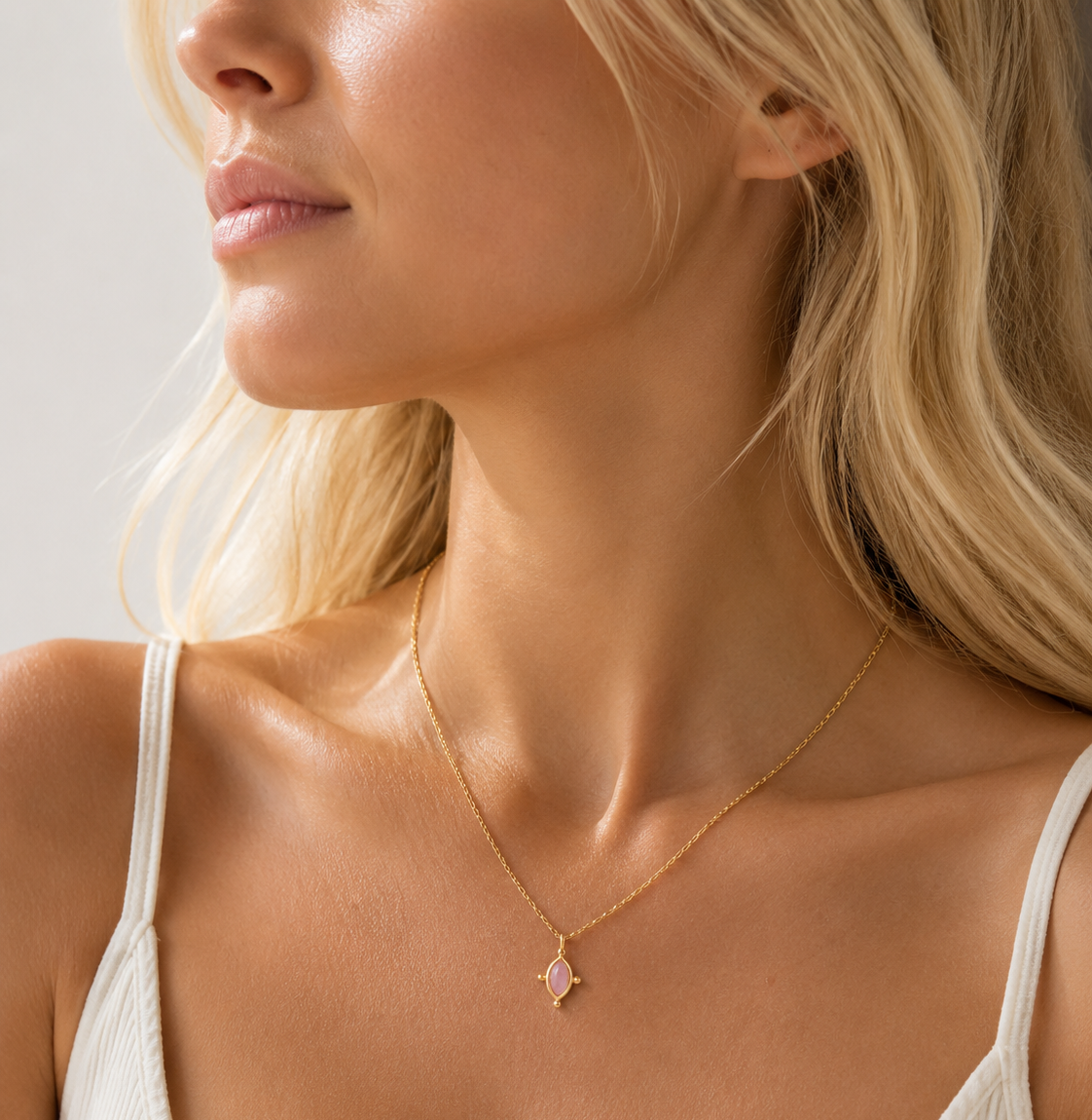 Collier Marquise Quartz Rose  Dorure Or 18k Argent 925