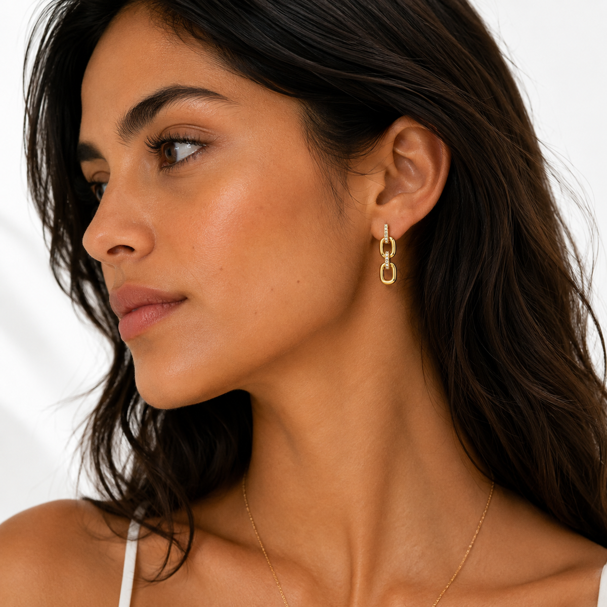 Boucles d'Oreilles Maillon  Zircone Blanche & Double Finition Or 18K Argent Rhodié