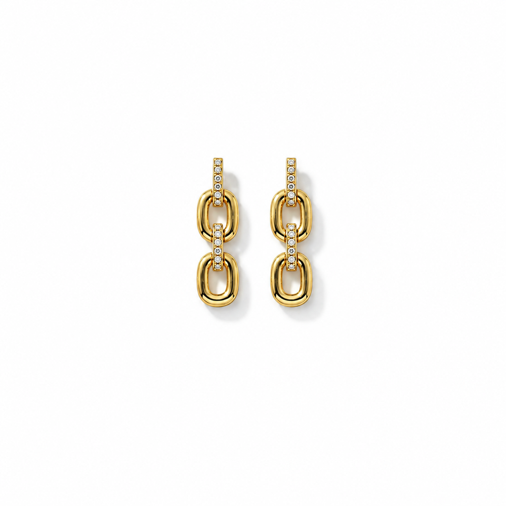 Boucles d'Oreilles Maillon  Zircone Blanche & Double Finition Or 18K Argent Rhodié