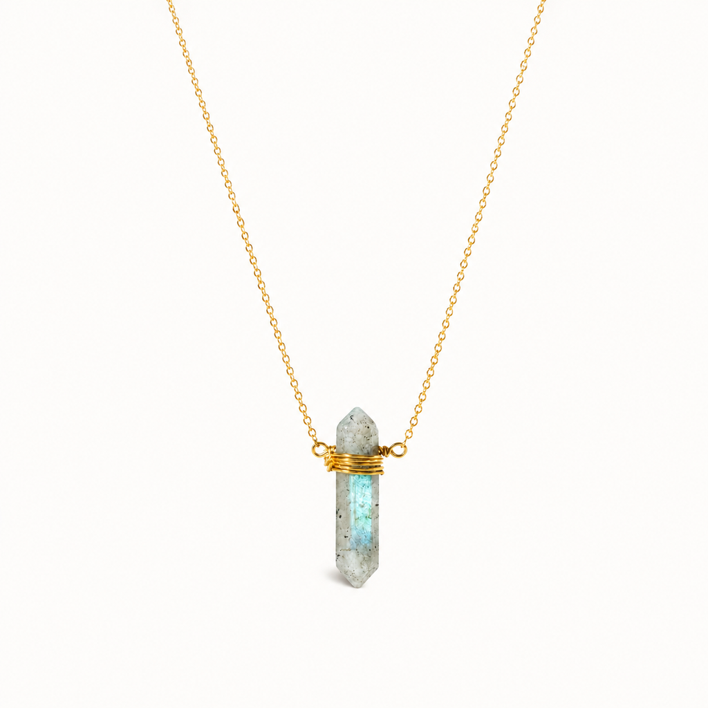 Collier Pointe Labradorite Brute Dorure Or 18k  Argent 925